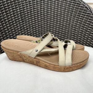 CROCS Women's A Leigh Leather Mini Cork Wedge Sandals, White- Size 11